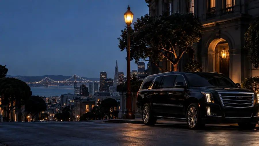 Black Cadillac Escalade chauffeur SUV parked on a San Francisco hill at dusk with the Bay Bridge in the distance